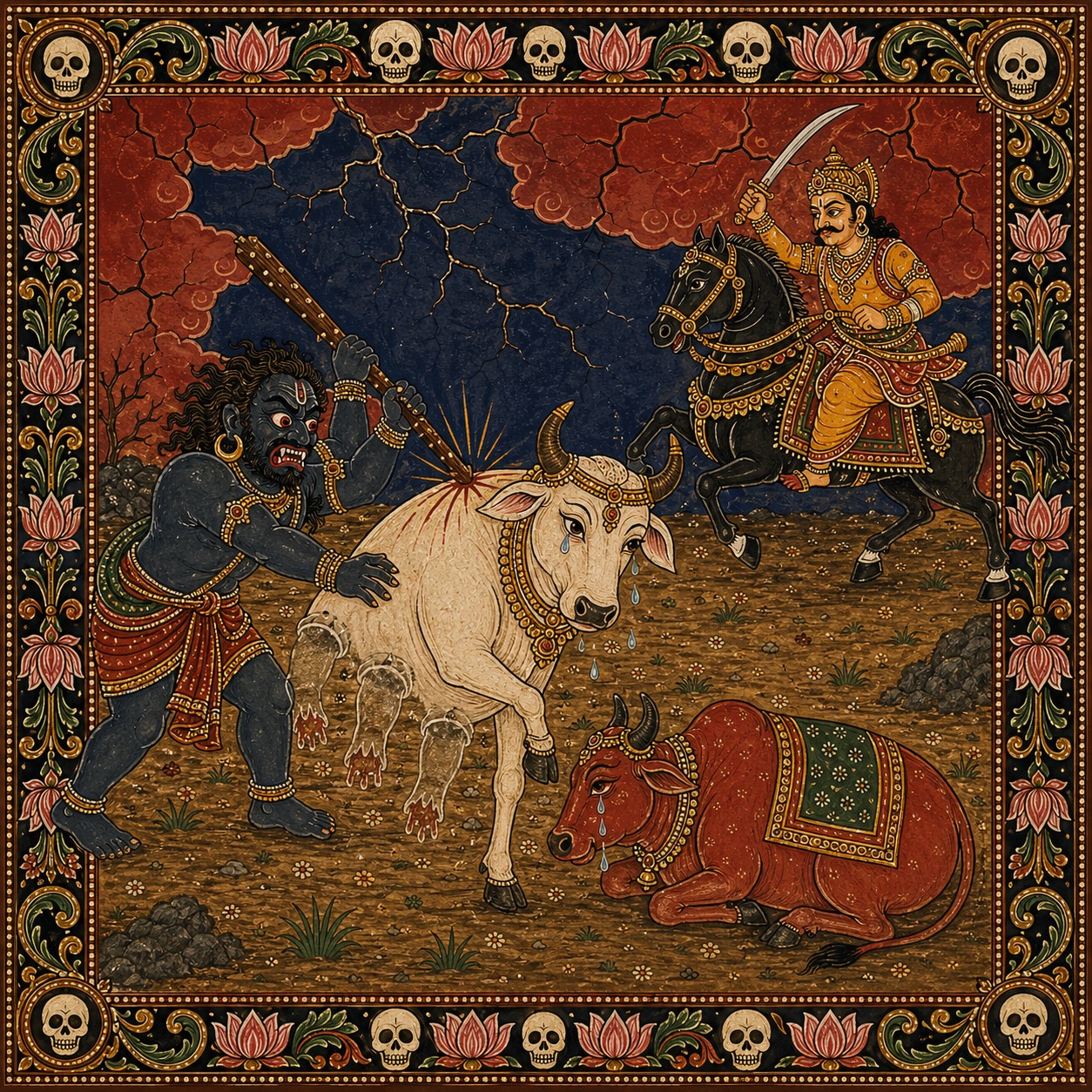 The Demon Kali beating the one-legged bull of Dharma; King Parikṣit rides up sword raised