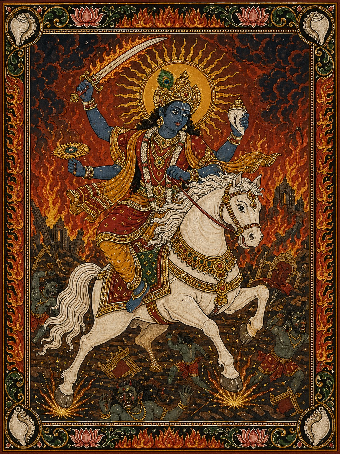 Kalki, the tenth avatar, on the white horse Devadatta with sword raised